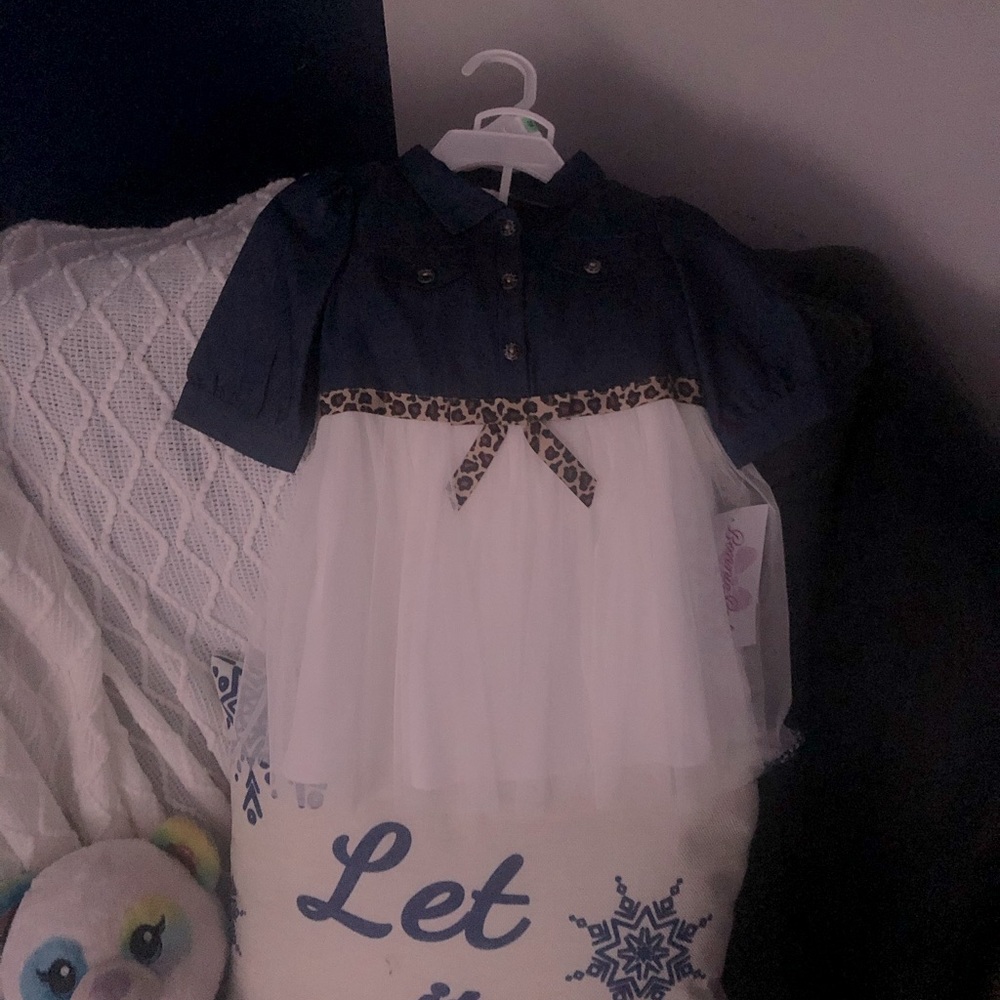 Fancy 1/2 Denim and Ivory tulle dress with leopard print Bow